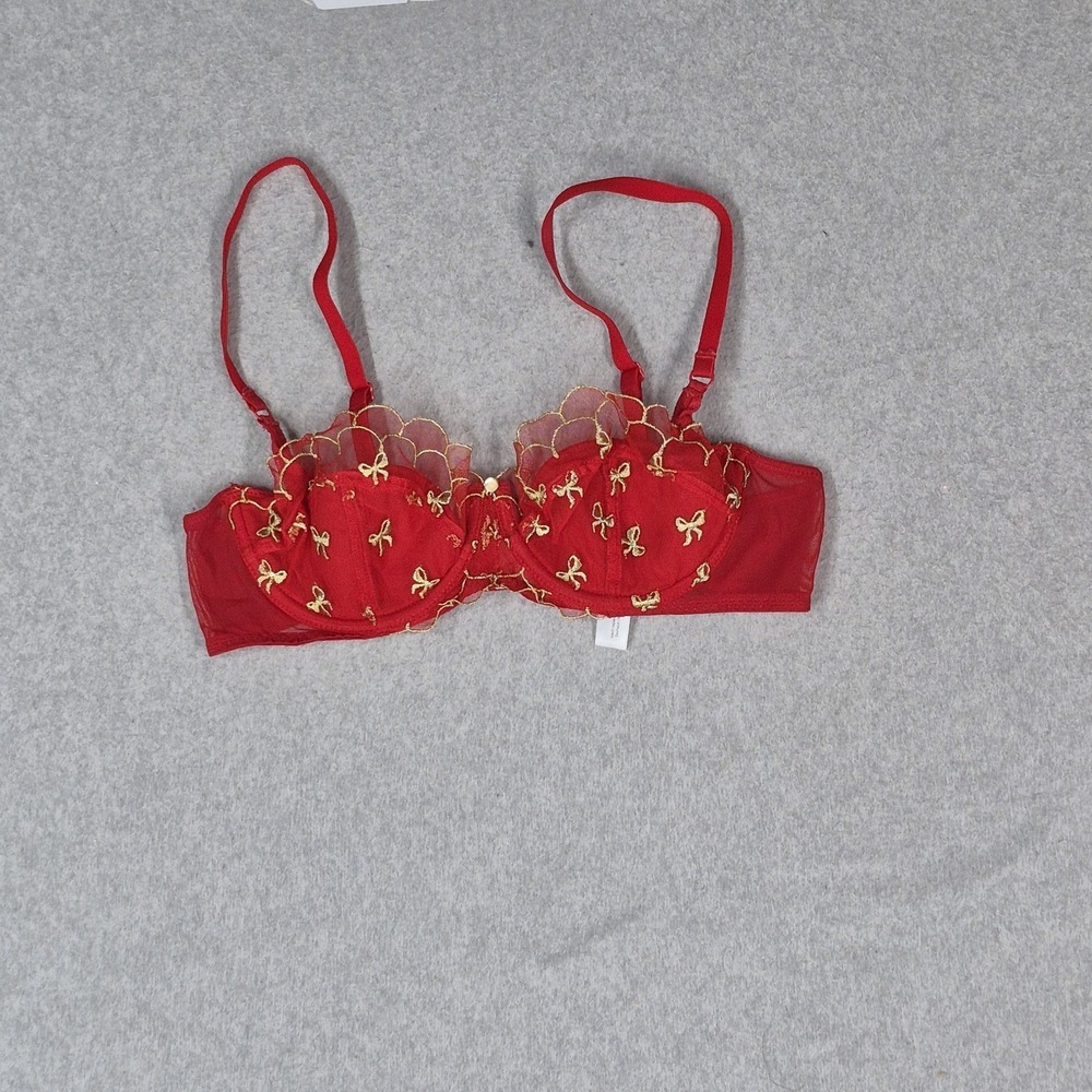 Adore Me Women Bra 34B Red Bows Balconette Underwired Lace Embroidered Mesh